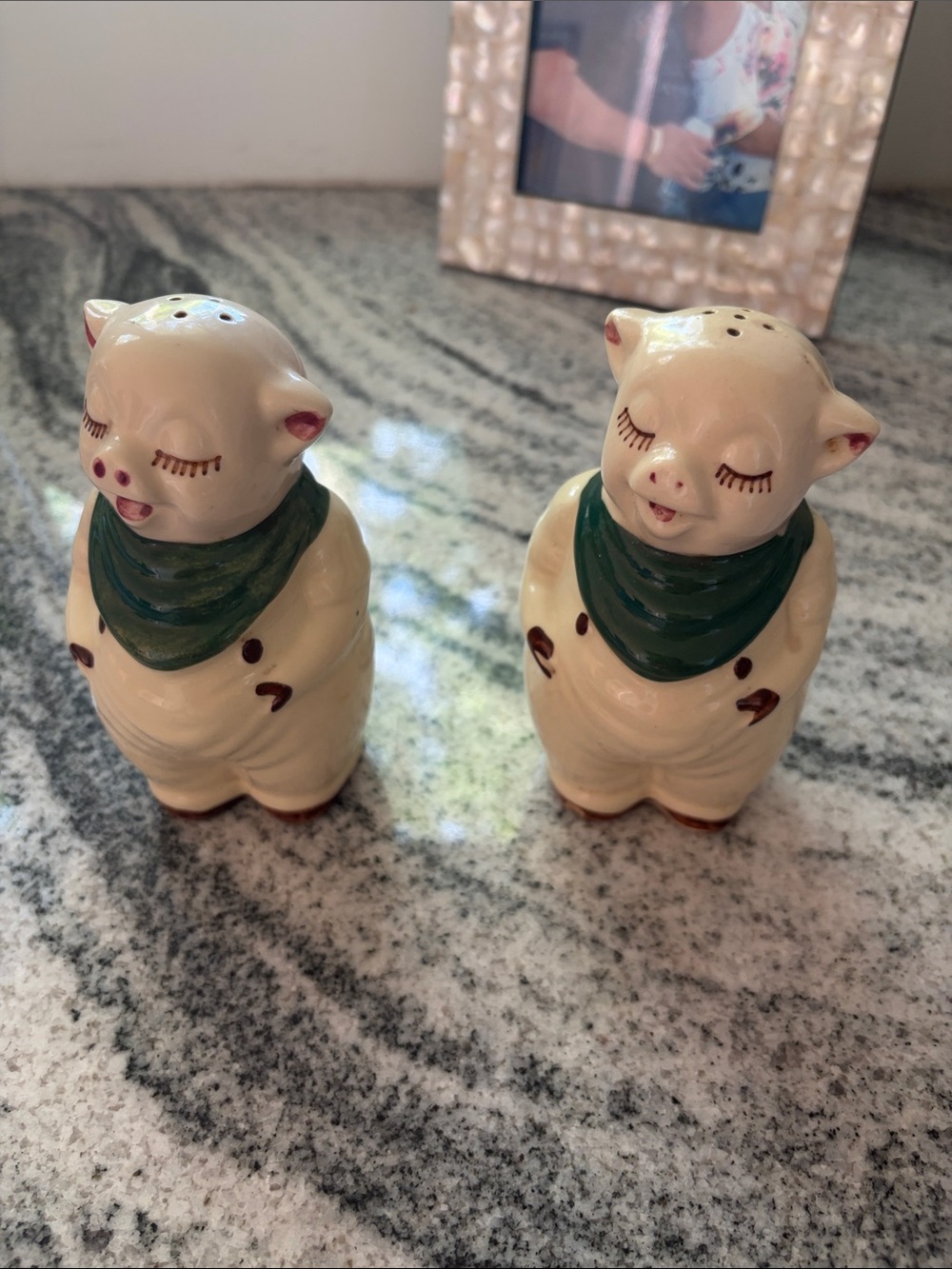 Ceramic Pig Salt and Pepper Shaker Set in Cream with Green Scarves
